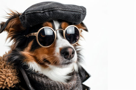 Happy Dog wearing Director costumes, studio lighting, isolated on white background, stock photographic styleの素材