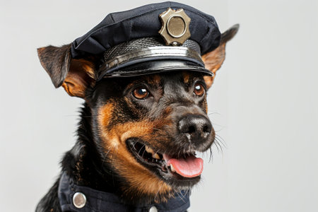 Happy Dog wearing Police Officer costumes, studio lighting, isolated on white background, stock photographic styleの素材