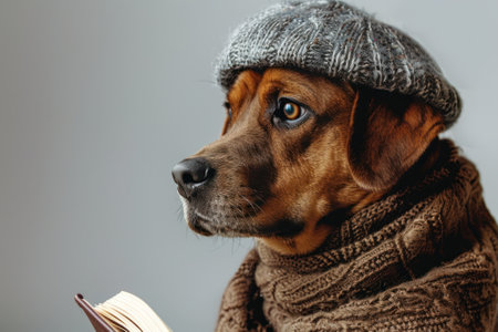 Happy Dog wearing Writer costumes, studio lighting, isolated on white background, stock photographic styleの素材