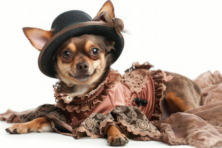 Happy Dog wearing Victorian Lady costumes, studio lighting, isolated on white background, stock photographic styleの素材