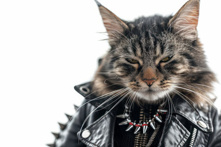 Happy cat wearing Punk Rocker costumes, studio lighting, isolated on white background, stock photographic styleの素材