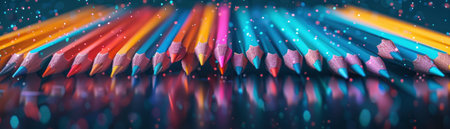 Colorful pencils arranged in a vibrant pattern, reflecting on a blue surface.の素材