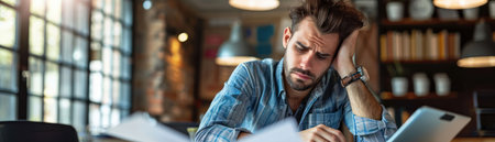 A business owner stressed over finances, looking at declining sales chartsの素材