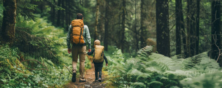 Family hiking through a forest, summer outdoor activity, Exploration and bondingの素材