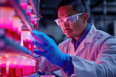 A scientist examining bacterial cultures in a sterile lab, illustrating pathogen researchの素材