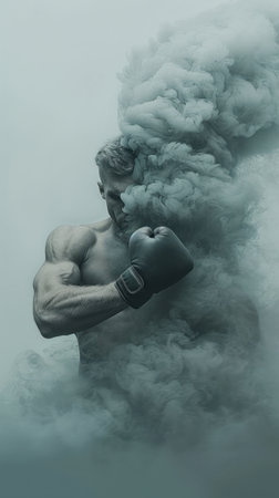 A powerful boxer emerges from a swirling cloud of smoke, showcasing strength and determination in an artistic representation.の素材