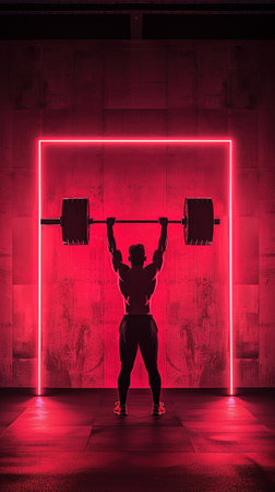 Silhouette of a weightlifter under neon lights, showcasing strength and determination in a vibrant gym environment.の素材