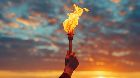 A hand raises a torch with bright flame against a vibrant sunset sky, symbolizing hope, freedom, and illumination.の素材