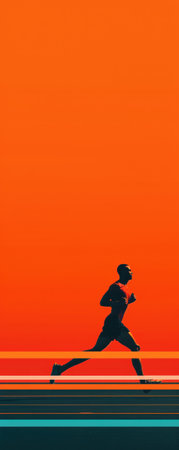 A dynamic silhouette of a runner against a vibrant orange background, symbolizing energy, determination, and fitness.の素材