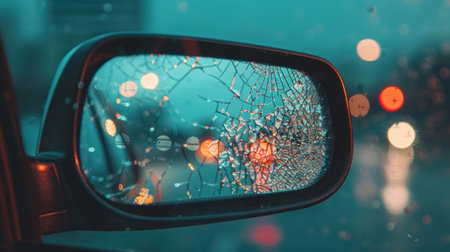 A close-up view of a cracked side mirror covered in raindrops, reflecting colorful city lights in a moody atmosphere.の素材