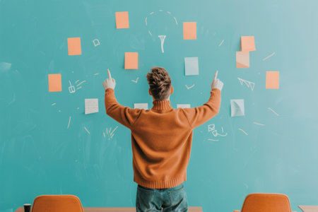 A person brainstorming with sticky notes on a colorful wall, fostering creativity and innovative thought in a collaborative space.の素材