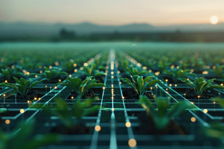 A serene view of a modern greenhouse with lush seedlings, bathed in golden sunlight, showcasing nature's beauty and growth.の素材