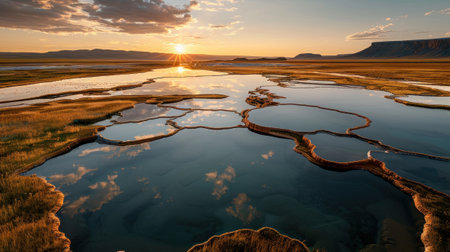 Breathtaking landscape of shimmering water pools at sunset, reflecting sky colors in a serene natural setting.の素材