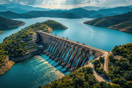 A large dam with water flowing through turbines, generating hydroelectric powerの素材