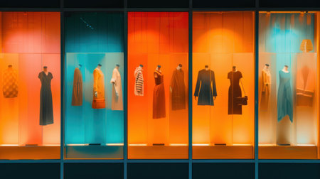 Colorful display window featuring elegant dresses in various styles, showcasing the latest fashion trends and vibrant designs.の素材