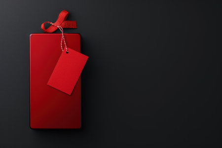 A vibrant red gift box with a tag on a sleek black background, perfect for celebrations and special occasions.の素材