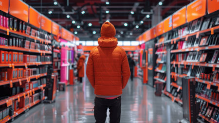 A person in an orange jacket standing in a vibrant store aisle, surrounded by colorful products on shelves.の素材