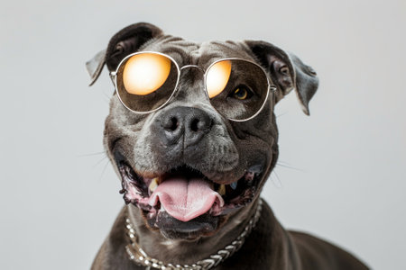 A stylish dog wearing sunglasses, showcasing a fun and playful attitude in a modern setting.の素材