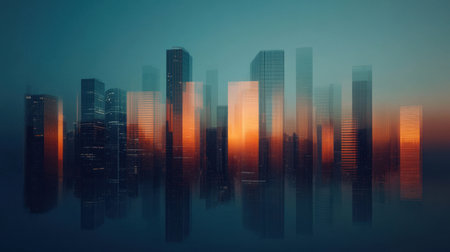 A modern skyline at dusk, featuring a blend of skyscrapers reflecting vibrant colors in misty ambiance.の素材