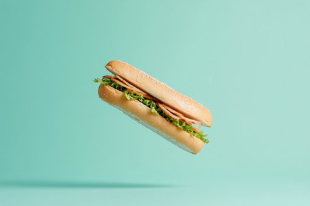 Delicious floating sandwich with fresh greens on a vibrant mint background, perfect for food-related projects.の素材