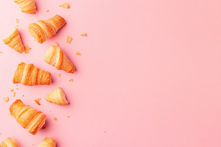 Freshly baked croissants scattered on a pastel pink background, perfect for food and bakery-themed designs.の素材