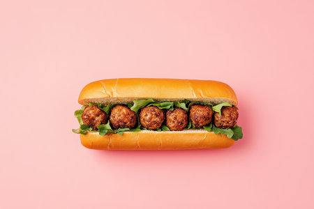 Delicious meatball sub sandwich topped with fresh greens, perfect for food lovers and culinary enthusiasts.の素材