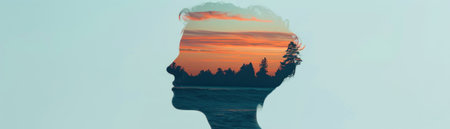 A creative silhouette of a person with a vibrant sunset landscape blending into their profile, symbolizing introspection and peace.の素材