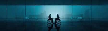 Two individuals in wheelchairs engaged in a thoughtful conversation against a modern, atmospheric backdrop.の素材