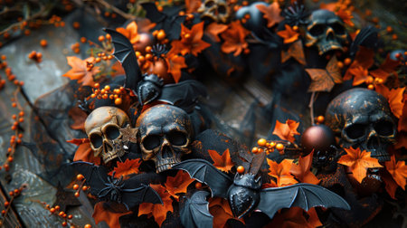 A spooky Halloween wreath adorned with skulls, bats, and autumn leaves, perfect for seasonal decor and festive celebrations.の素材