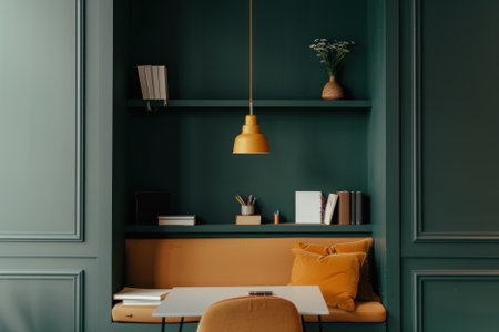 A stylish workspace with a green wall, cozy seating, and a warm pendant light creating a perfect ambiance for productivity.の素材