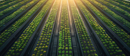 Aerial view of vibrant green crops growing in organized rows, illuminated by warm sunlight, showcasing agricultural harmony.の素材