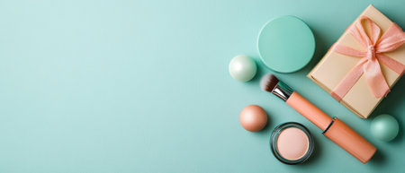 Stylish makeup flat lay featuring cosmetics, a gift box, and pastel colors against a soft teal background.の素材