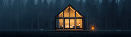 A cozy modern cabin illuminated at night, surrounded by a tranquil forest, perfect for relaxation and retreat.の素材