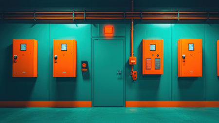 A vibrant industrial wall featuring orange utility boxes against a teal background, creating a striking modern visual.の素材