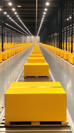 A spacious warehouse filled with neatly arranged yellow boxes on pallets, showcasing organized inventory management.の素材