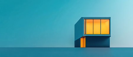 Modern architectural design featuring a minimalist house against a vibrant blue background with warm glowing windows.の素材