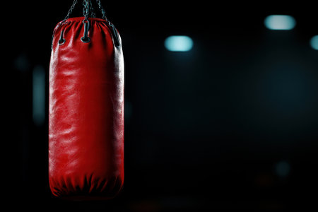 A striking red punching bag captured in a dimly lit gym setting, perfect for fitness and sports-related projects.の素材