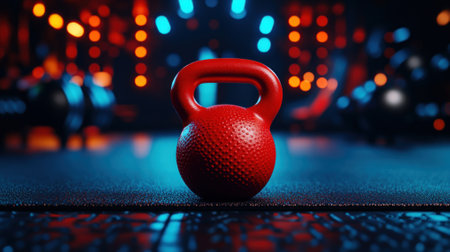 A vibrant red kettlebell positioned on a textured surface, illuminated by colorful gym lights in a modern workout space.の素材
