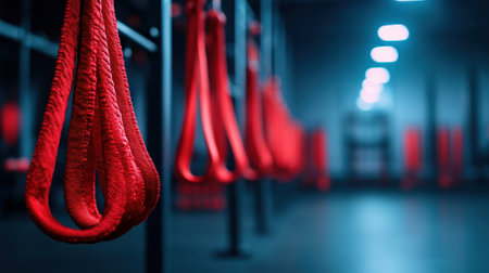 A close-up view of red fitness equipment in a modern, dimly lit gym, creating a dynamic and energetic atmosphere.の素材