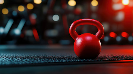 A vibrant red kettlebell on a textured gym mat, highlighting fitness equipment and a workout environment.の素材