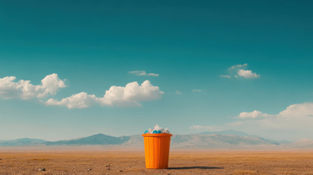 A solitary orange trash can stands in a vast desert landscape under a clear blue sky with scattered clouds.の素材