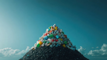 A vibrant mountain of plastic waste against a clear sky, highlighting the environmental challenge of pollution and waste management.の素材