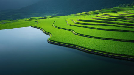 Panoramic view of lush green rice terraces beside a tranquil water body, showcasing vibrant nature and agricultural beauty.の素材