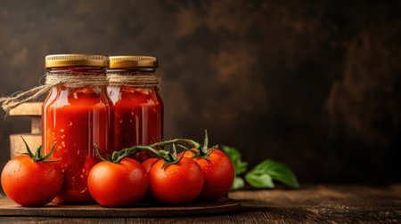 Fresh tomatoes and jars of homemade sauce, showcasing vibrant red colors and rustic charm perfect for culinary creativity.の素材