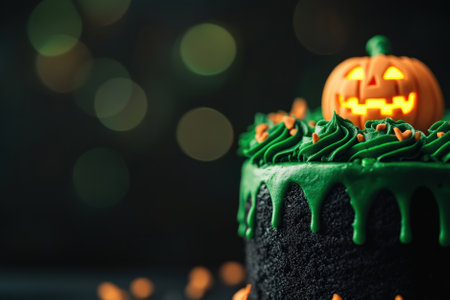 Delicious Halloween cake with green frosting and a carved pumpkin on top, perfect for spooky celebrations and festive gatherings.の素材