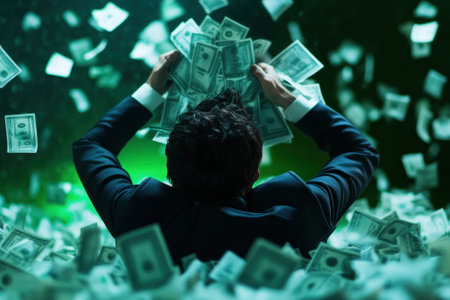 A businessman surrounded by flying money, symbolizing wealth, success, and financial freedom in a vibrant green setting.の素材