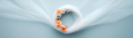 Floral wreath with delicate flowers and tulle on soft blue background, perfect for seasonal celebrations or home decor.の素材