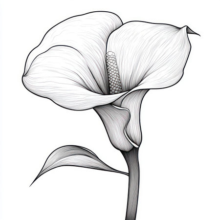 Elegant black and white illustration of a calla lily flower, showcasing its graceful curves and intricate details.の素材