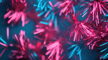 Colorful tinsel decorations in pink and blue hues, ideal for festive celebrations and party themes.の素材