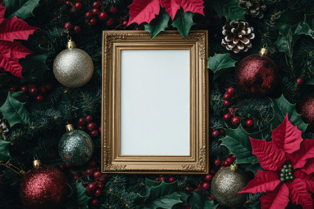 Vintage frame surrounded by festive Christmas decorations and holly leaves.の素材